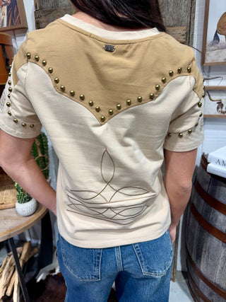 Sand Studded Western Boot Stitch Yoke Tee