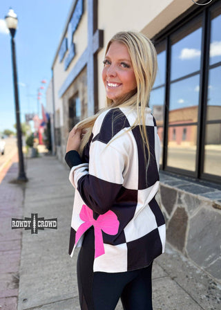 Black & White Checkered Pink Bow Bombshell Pullover – Western Cowgirl Sweatshirt