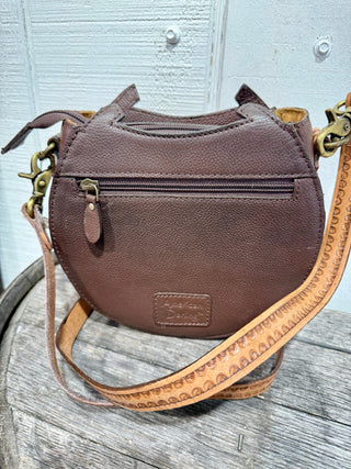 Back of 
American Darling Horseshoe Tooled Leather Crossbody Bag – Western Floral Carved Purse