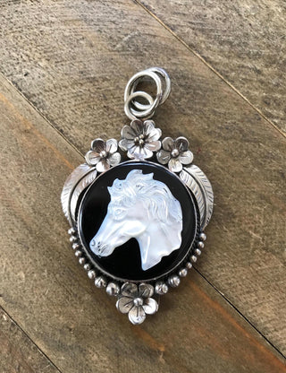Carved Mother of Pearl Horse Pendant | Western Statement Jewelry- German Silver
