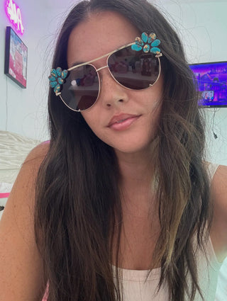 Turquoise Blossom Gold Frame Aviator Style Sunglasses – Western Cowgirl Statement Shades