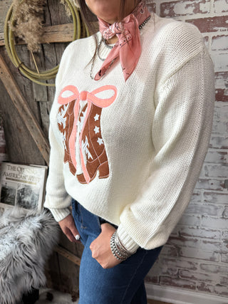 Cowboy Boots & Bow Sweater – Western Graphic Knit Pullover in Cream
