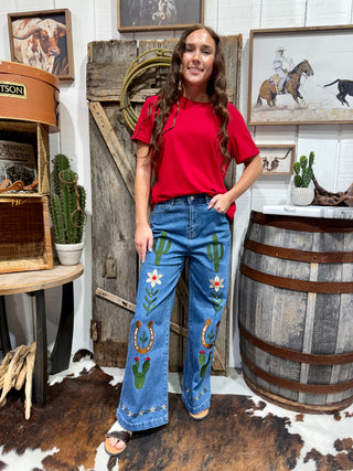 Desert Bloom Embroidered Wide Leg Jeans