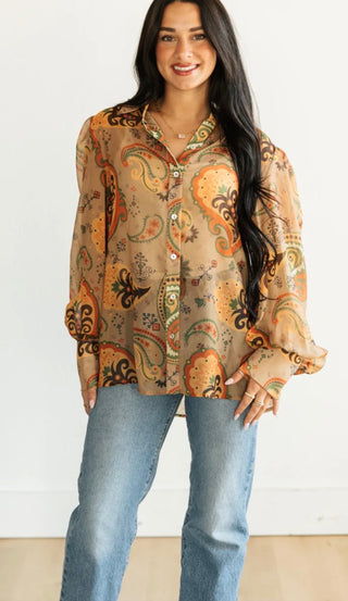Neutral Brown Paisley Western Sheer Button-Up Blouse –