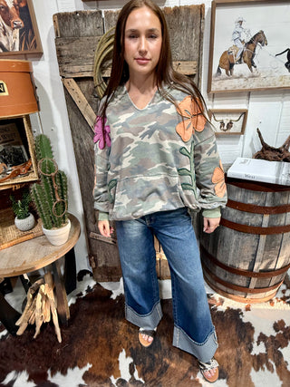 Over Sized Wildflower Camo Appliqué Hoodie