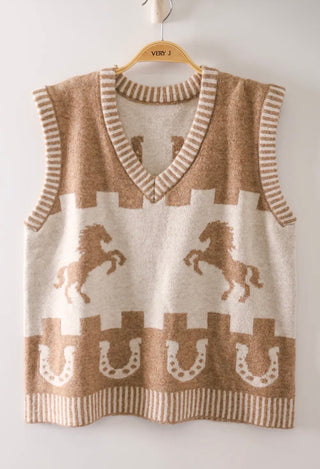 Saddle Up Western Horse & Horseshoe Sweater Vest- Tan