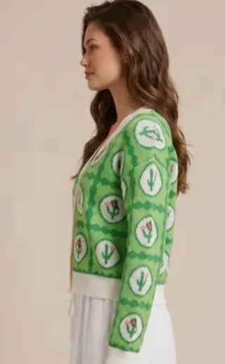 Retro Cactus Print Cardigan Sweater | Western V-Neck Button-Up Knit