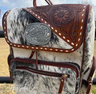 Vintage NFR Buckle Cowhide Backpack – Western Tooled Leather Laptop Backpack/ Diaper Bag with Conceal Carry Pocket & Genuine Cowhide
