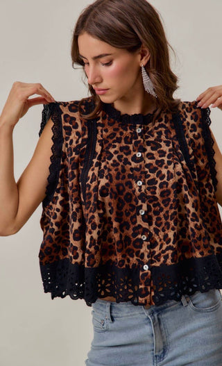 Leopard Lace Trim Flutter Top | Boho Animal Print Button Front Blouse