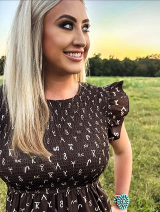 Ranch Cattle Brand Ruffle Midi Dress