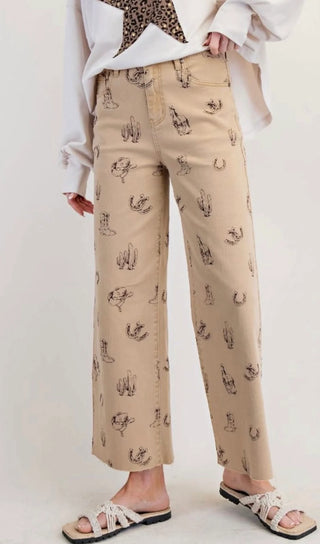 Cowgirl Sketch Denim Capris-Khaki