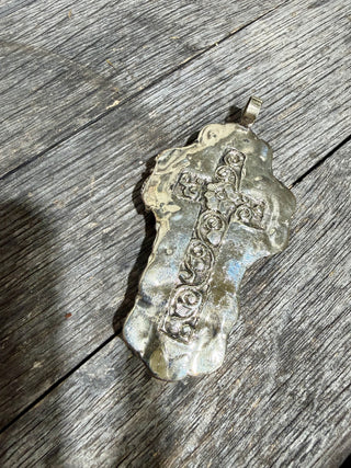 Large Tibetan Silver Carved Bone Cross Pendant | Turquoise Statement Pendant | Southwestern Jewelry
