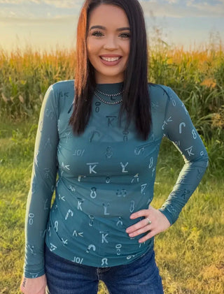 Cattle BrandTurquoise Velvet Mesh Long Sleeve Top