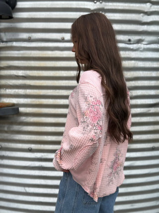 Easel Pink Floral Thermal Top for Women | Waffle Knit Top with Elbow Patches