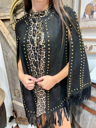Faux Suede Studded Fringe Cape