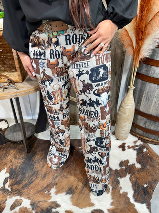 Rodeo Howdy Collage Wide Leg Pants – Western Print Cowgirl Trousers | Barbwire n Bougie Boutique