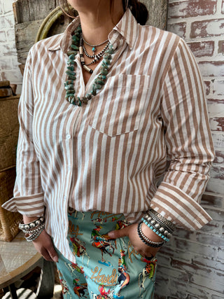 Tan & White Long Sleeve Button Up Layering Top