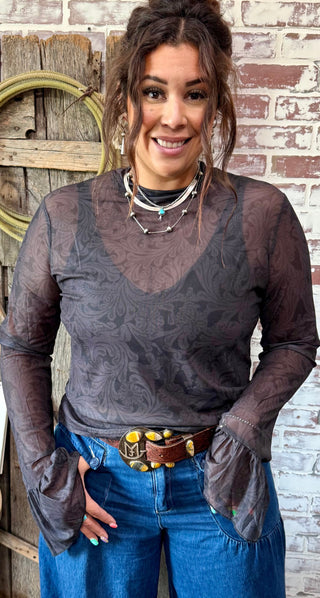 Black Tooled Leather Mesh Bell Sleeve Top