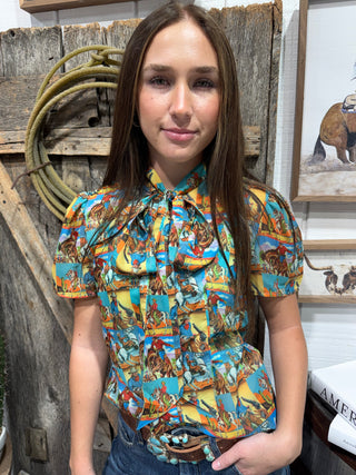 Western Pop Art Tie Neck Sheer Blouse for Women | Retro Cowboy Print Top- Howdy Hanny Short Sleeve