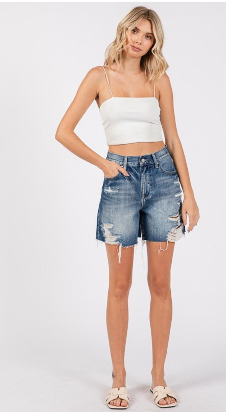 High Rise Relaxed Distressed Bermuda Shorts