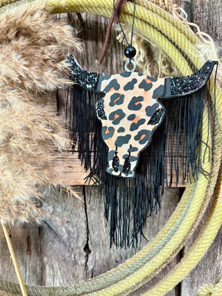 Leopard Print Bull Skull Car Freshie with Fringe & Glitter Horns