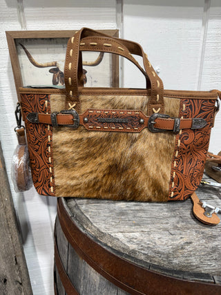 Trinity Ranch Tooled Leather & Hair-On Hide Western Tote Bag