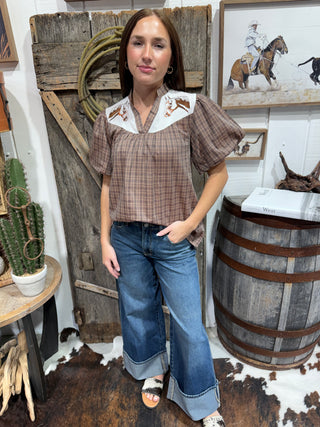 Wild Horse Plaid Embroidered Puff Sleeve Top