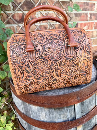 Tan Floral Tooled Leather Speedy Duffle Bag -Medium