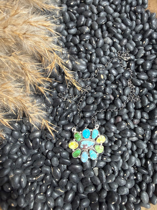 Mixed Turquoise Cluster Necklace | Sterling Silver Western Statement Jewelry- Golden Hills, Kingman, Sonoran Gold & Palomino-002