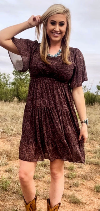 Bronzed Bloom Dress for Women | Western Tooled Print Flutter Sleeve Dress