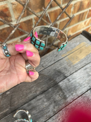 Double Row Square Stone Sterling & Turquoise Cuff Bracelet