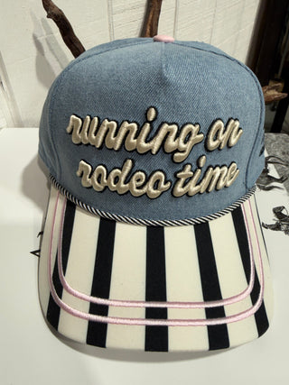 Running on Rodeo Time Western Trucker Hat | Vintage Denim & Striped Brim Cap