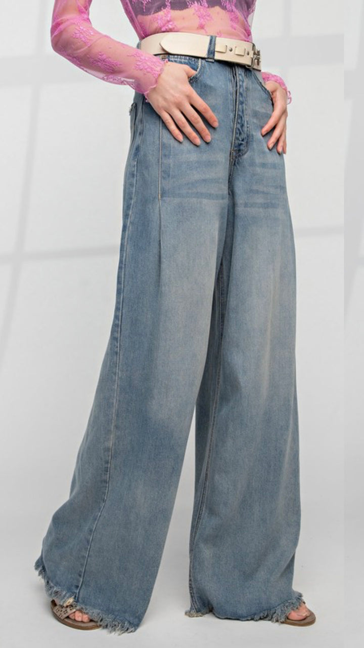 Easel SOFT WASHED WIDE LEG HIGH WAISTED DENIM PANTS