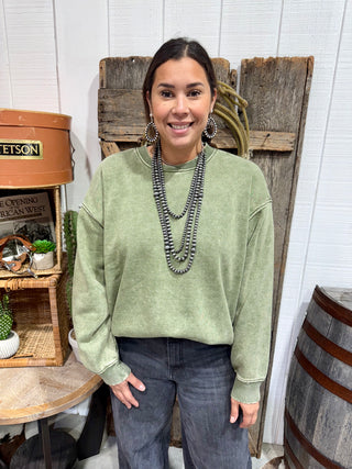 Zenana Olive Acid Wash Crewneck Sweatshirt
