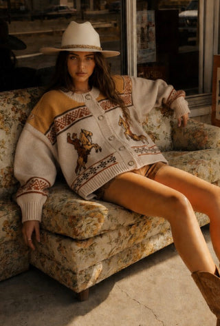 Mustard Cowboy Knit Cardigan | Western Fair Isle Button Front Sweater