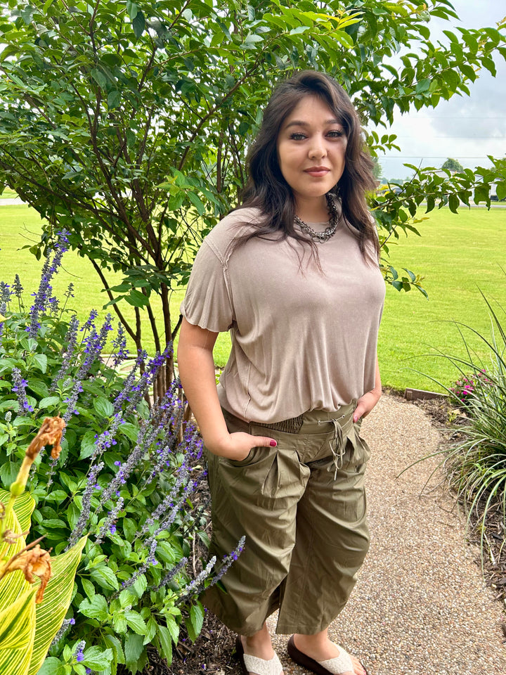 Olive Baggy Side Cinch Capris