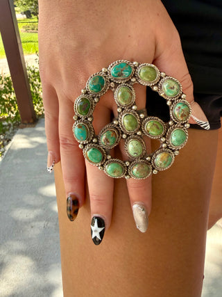 Kingman Turquoise Peace Sign German Silver Ring-Adjustable