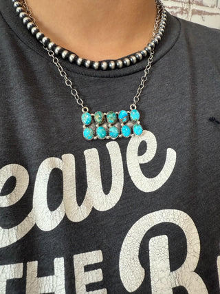 Sterling Silver Turquoise Cluster Bar Necklace – Southwestern Rectangle Pendant