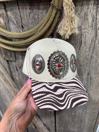 Western Concho Hat with Zebra Print Brim – Rustic Cowgirl Snapback Cap