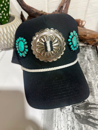 Turquoise Cluster Concho Black Trucker Hat