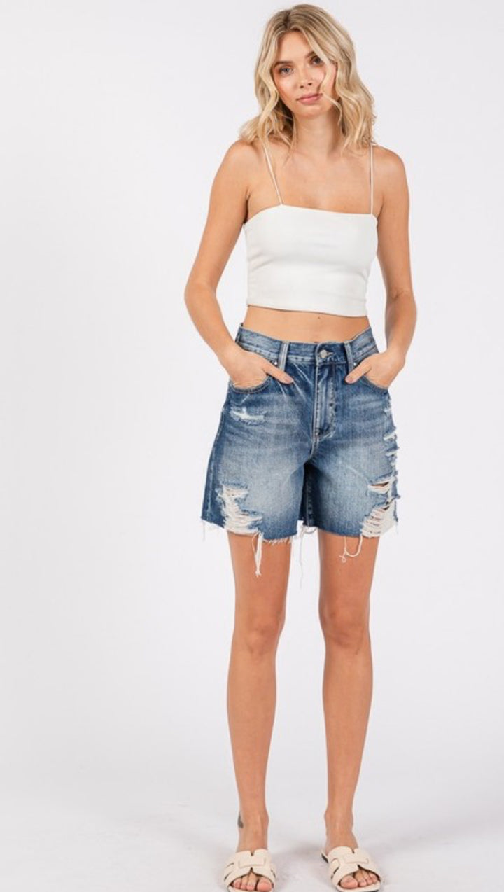 High Rise Relaxed Distressed Bermuda Shorts