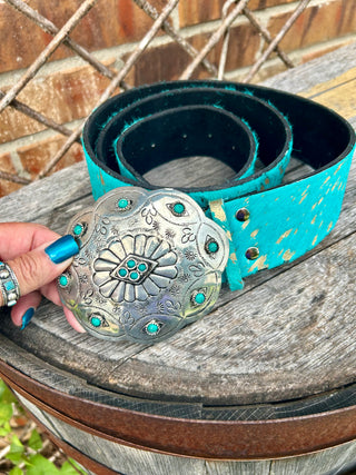 Turquoise Acid Wash Cowhide Wide Belt- A Rare Bird
