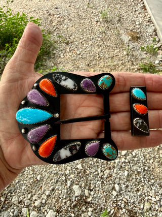Multi-Stone Hand Made Turquoise Western Belt Buckle Set | Sterling Silver Bezels on Surgical Steel Base