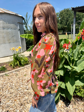 Olive Floral Desert Blouse for Women – Sheer Button Up Long Sleeve Boutique Top