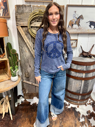 Peace Out Vintage Studded Thermal Top- Denim