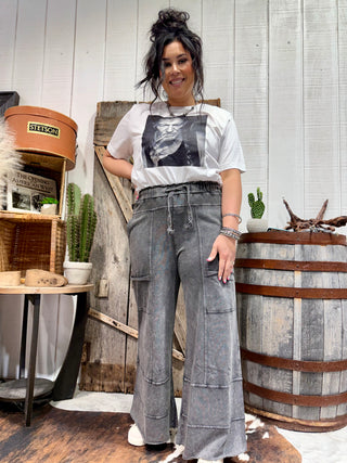 Easel Acid Wash Cargo Lounge Pants – Elastic Waist Wide Leg Pants- Black