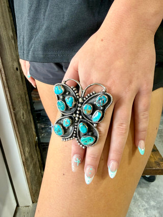 Large Tibetan German Silver Turquoise Butterfly Ring | Adjustable Statement Ring | Southwestern Jewelry