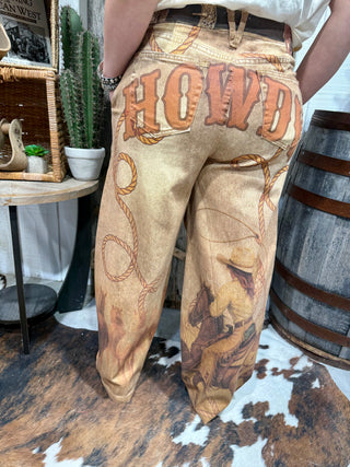 Back of Howdy Cowboy Western Graphic Jeans | Vintage Horse & Rodeo Print High Waist Cowgirl Pants