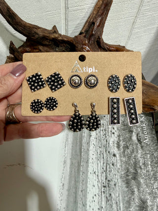 Western Studded Silver 6-Pair Earring Set