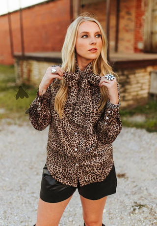 Willow Wild Leopard Satin Bow Tie Blouse | Western Chic Animal Print